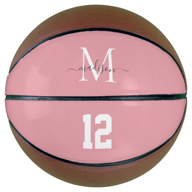 Blush Pink White Grey Monogram Number Girly Script Basketball (Front)