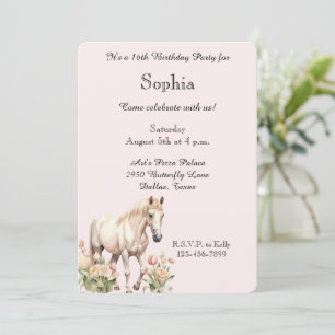 Blush Pink White Horse Tulips Birthday Invitation