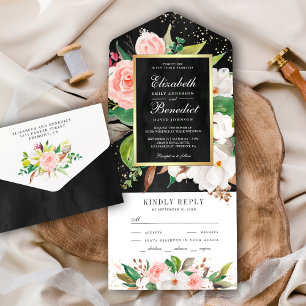 Blush Pink White Magnolia Floral Black Wedding All In One Invitation