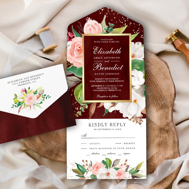 Blush Pink White Magnolia Floral Burgundy Wedding All In One Invitation (Creator Uploaded)