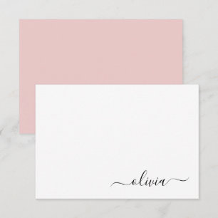 Blush Pink White Modern Script Girly Monogram Name Thank You Card