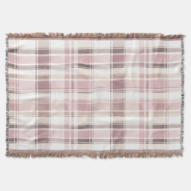 Blush pink white plaid stripes throw blanket (Front)