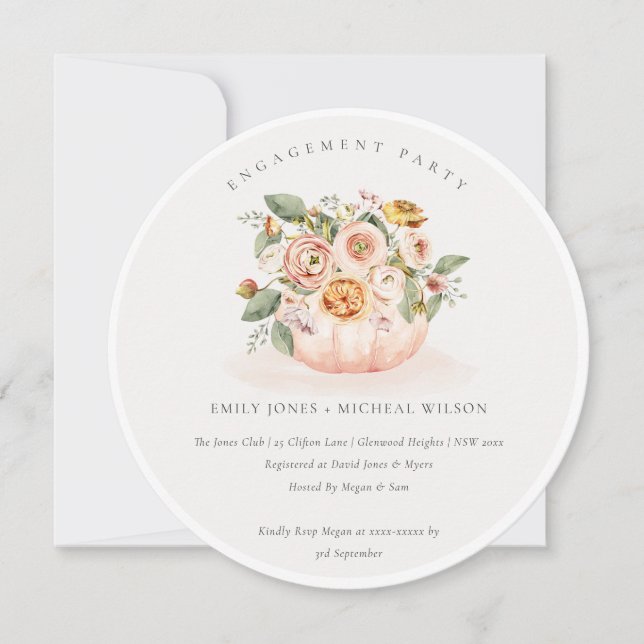 Blush Pink White Pumpkin Floral Engagement Invite (Front)