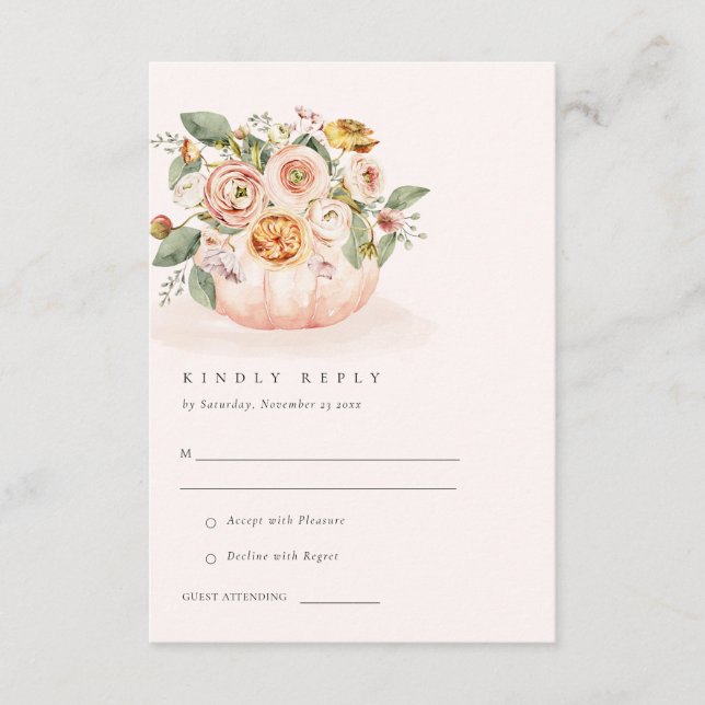 Blush Pink White Pumpkin Floral Wedding RSVP Enclosure Card (Front)