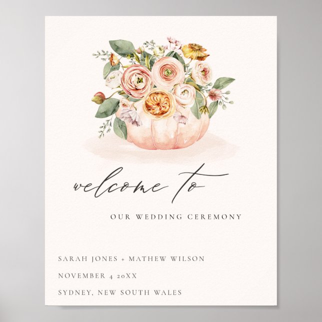 Blush Pink White Pumpkin Floral Wedding Welcome Poster (Front)