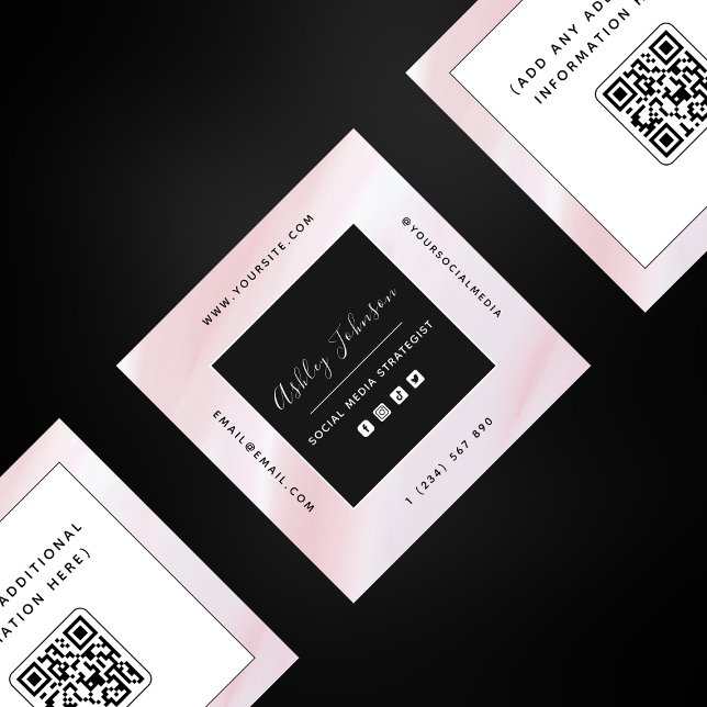 Blush Pink & White QR Code Social Media Modern Square Business Card (Creator Uploaded)