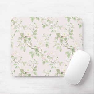 Blush Pink White Romantic Floral Mouse Pad