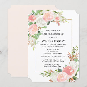 Blush Pink White Rose Floral Bridal Luncheon Invitation