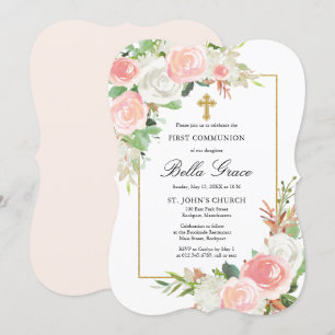 Blush Pink White Rose Floral First Holy Communion Invitation