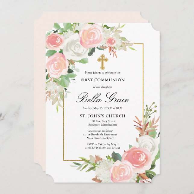 Blush Pink White Rose Floral First Holy Communion  Invitation (Front/Back)