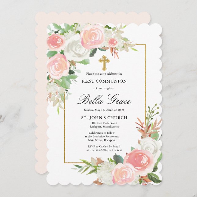 Blush Pink White Rose Floral First Holy Communion Invitation (Front/Back)