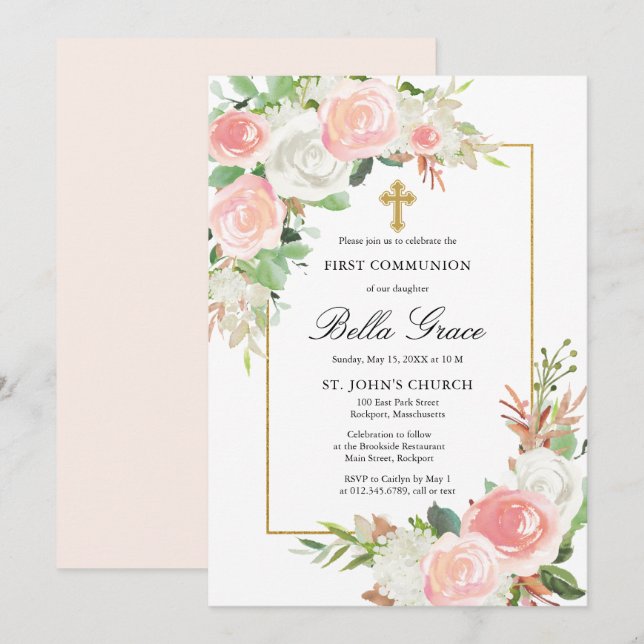 Blush Pink White Rose Floral First Holy Communion Invitation (Front/Back)