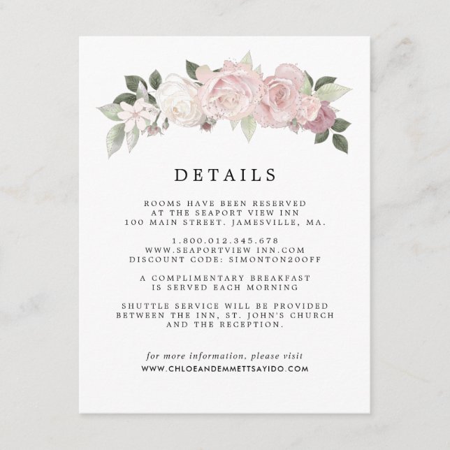 Blush Pink White Rose Floral Wedding Guest Details Enclosure Card (Front)