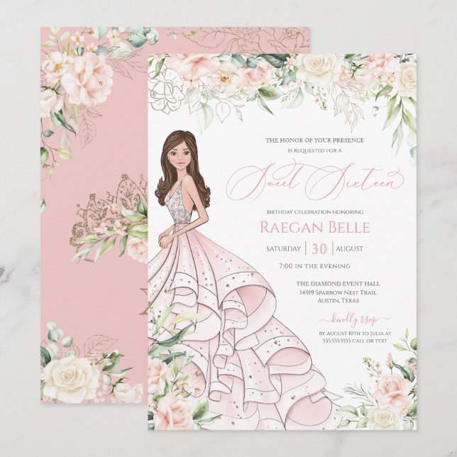 Blush Pink White Roses Elegant Glam Sweet Sixteen  Invitation (Front/Back)