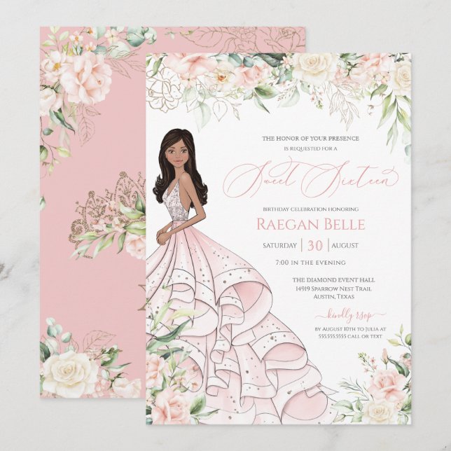 Blush Pink White Roses Luxury Glam Sweet Sixteen I Invitation (Front/Back)