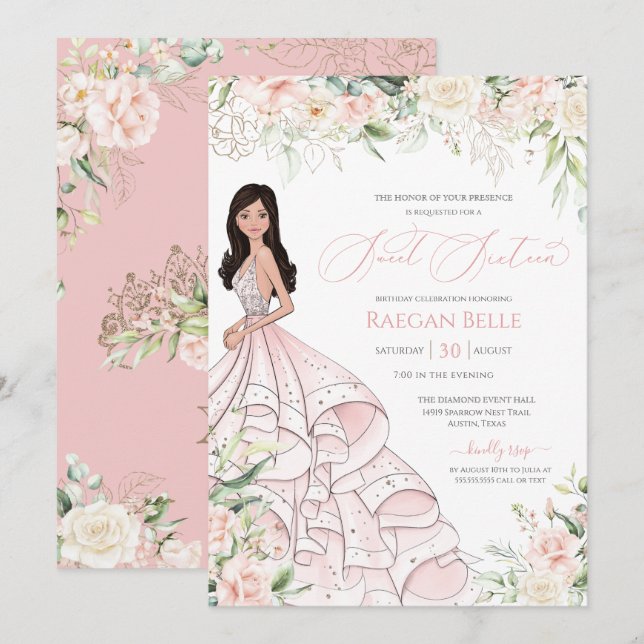 Blush Pink White Roses Luxury Glam Sweet Sixteen Invitation (Front/Back)