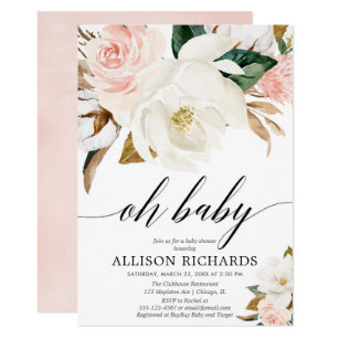 Blush pink white rustic magnolia floral girl baby invitation