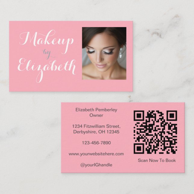 Blush Pink White Script Photo Makeup Business Card (Front/Back)