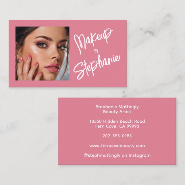 Blush Pink White Script Photo Makeup Business Card (Front/Back)
