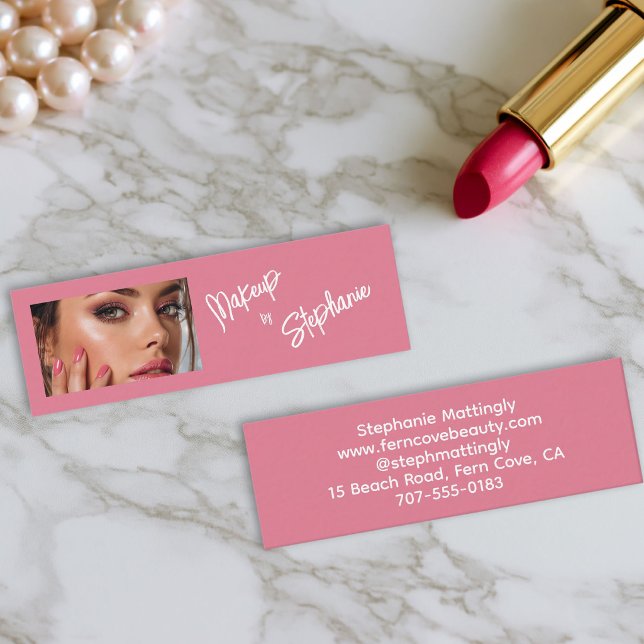Blush Pink White Script Photo Makeup Mini Business Card (Creator Uploaded)