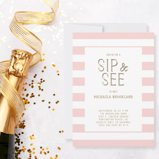 Blush Pink White Striped Baby Girl Sip and See Invitation (Creator Uploaded)