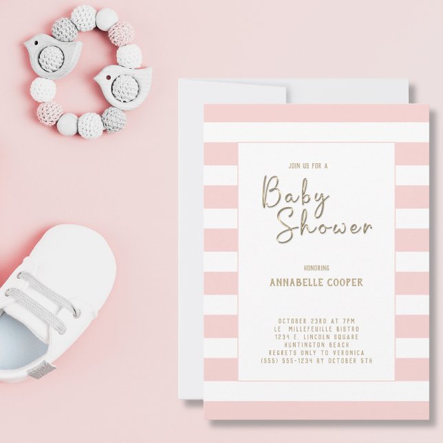 Blush Pink White Striped  Girl Baby Shower  Invitation (Creator Uploaded)