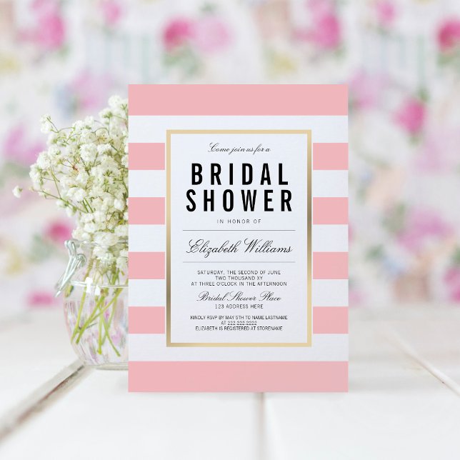Blush Pink White Striped Gold Bridal Shower Invite (Creator Uploaded)