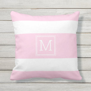 Blush Pink, White Stripes Simple Monogram Custom Cushion