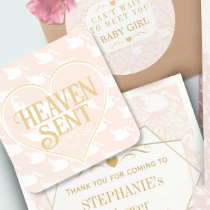 Blush Pink White Swan Heaven Sent Baby Shower Coaster
