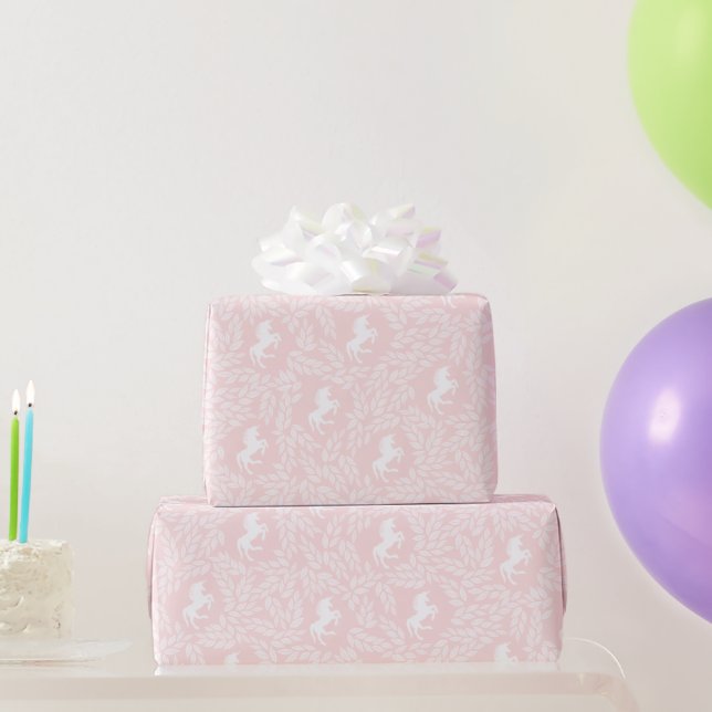 Blush Pink & White Unicorn Floral Leaf Pattern     Wrapping Paper (Party Gifts)