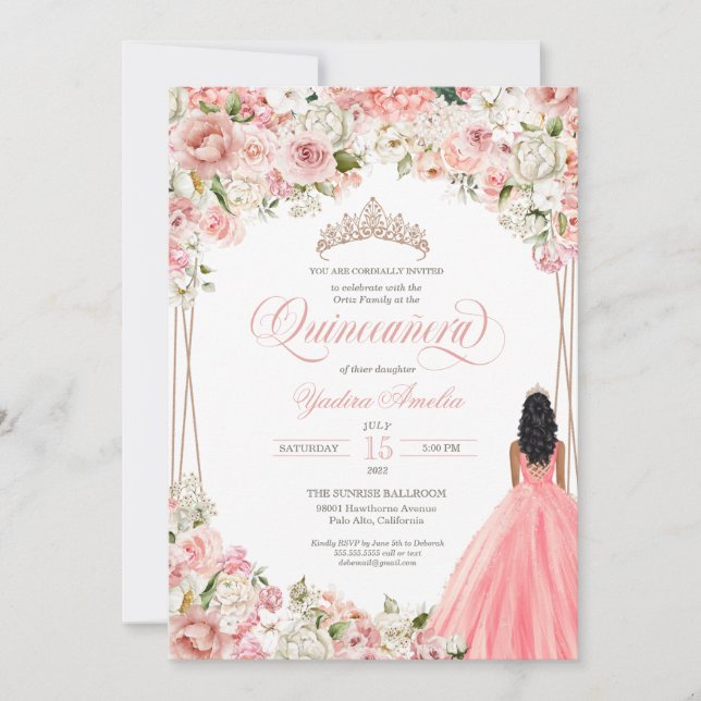 Blush Pink White Watercolor Flowers Quinceañera In Invitation (Front)