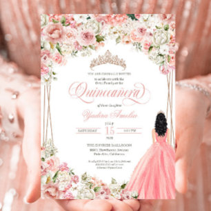 Blush Pink White Watercolor Flowers Quinceañera Invitation