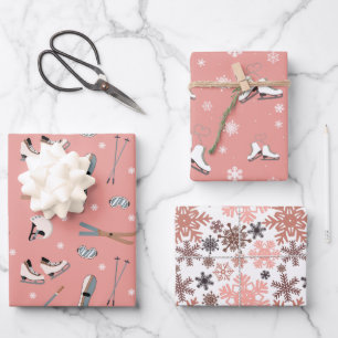 Blush Pink & White Winter Sports Wrapping Paper Sheet