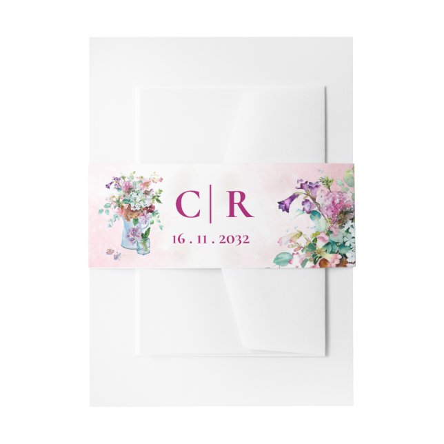 Blush Pink Wildflower  Floral Monogram  Wedding    Invitation Belly Band (Front Example)