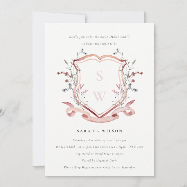 Blush Pink Wildflower Monogram Crest Engagement Invitation (Front)
