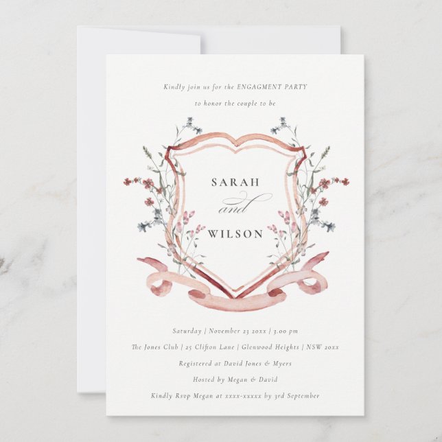 Blush Pink Wildflower Watercolor Crest Engagement Invitation (Front)