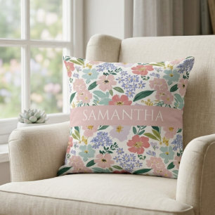 Blush Pink Wildflower Watercolor Name Cushion