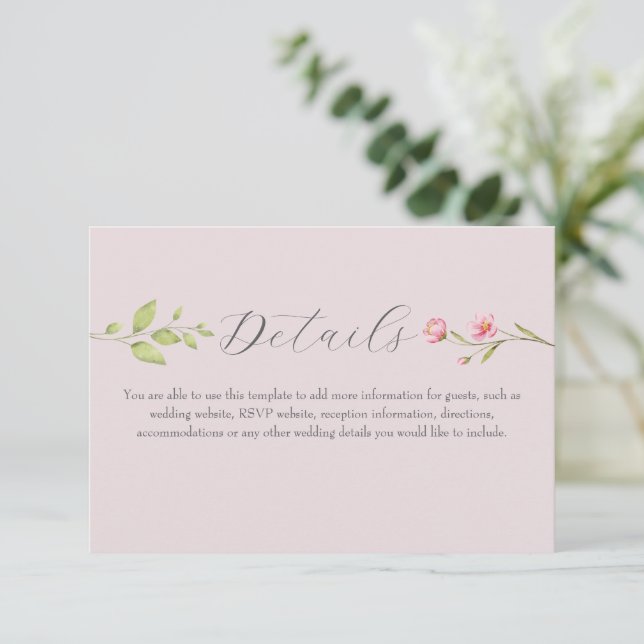 Blush Pink Wildflower Wedding Details Enclosure Card (Standing Front)