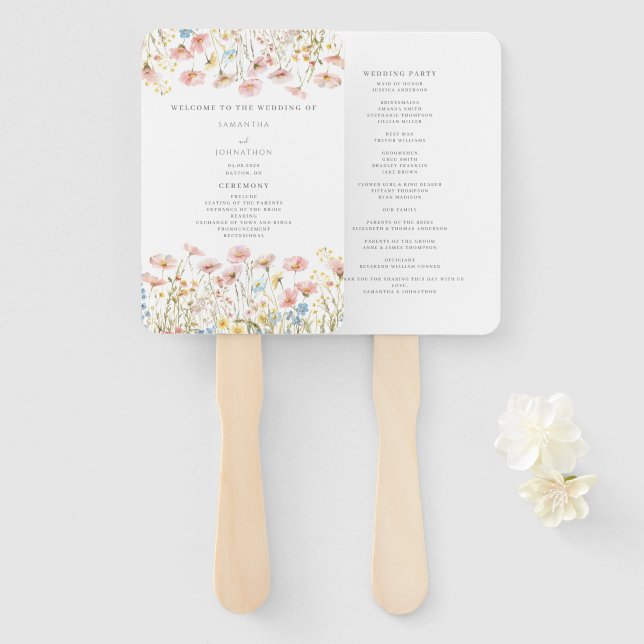 Blush Pink Wildflower Wedding Program  Hand Fan (Front and Back)