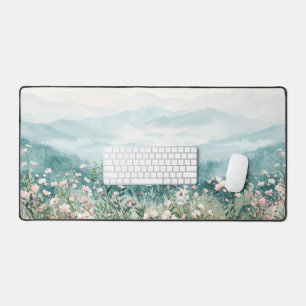 Blush Pink Wildflowers and Mountains Desk Mat