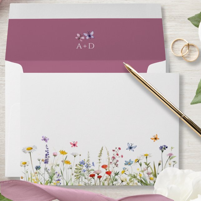 Blush Pink Wildflowers Butterflies Wedding Envelope (Creator Uploaded)