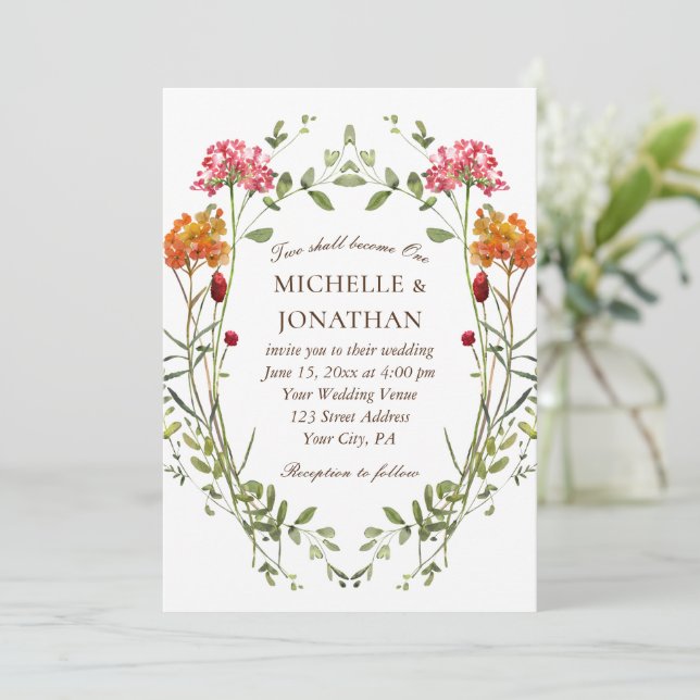Blush Pink Wildflowers Wreath Christian Wedding Invitation (Standing Front)