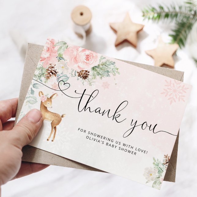 Blush pink winter baby deer thank you card (Creator Uploaded)