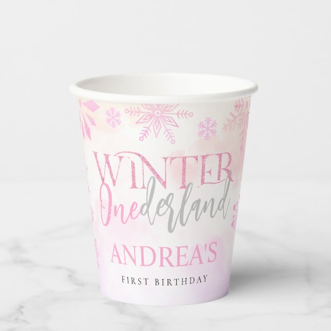 Blush Pink Winter Onederland First Birthday Paper Cups (Front)