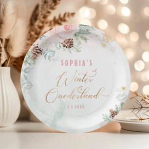 Blush pink winter onederland girl birthday paper plate