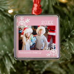 Blush Pink Winter Snowflake Photo Christmas Metal Ornament