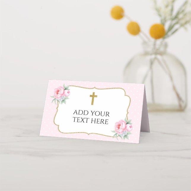 Blush Pink With Gold Cross Baptism Place Card (Front)