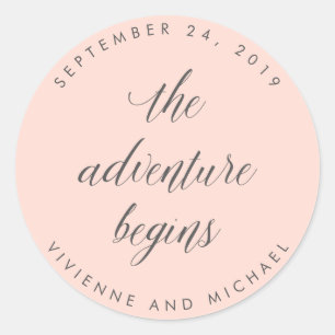 Blush Pink with Grey The Adventure Begins Wedding Classic Round Sticker