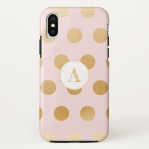 Blush pink with large gold polka dots, monogram iPhone x case