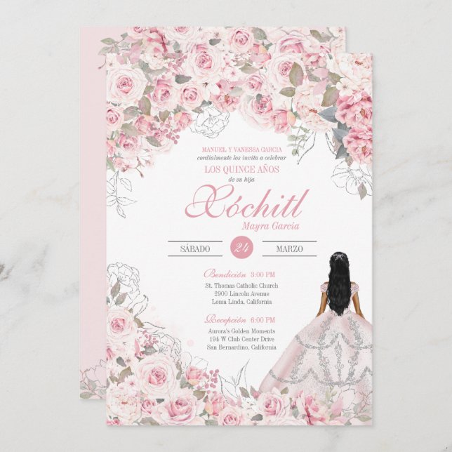 Blush Pink with Silver Blossom Rose Quinceanera Invitation (Front/Back)